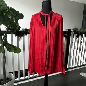 Gap Womens XXL Pleated Red Sateen Sash Tie-Neck Long Sleeve Blouse Top NWT